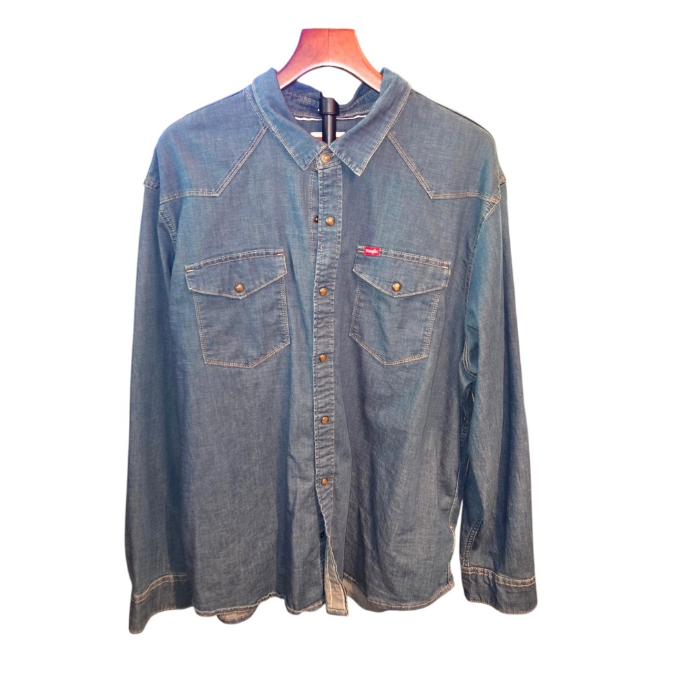 Wrangler Denim Western Snap‎ Shirt Mens 2XL Blue Long Sleeve 112359128